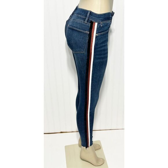 Frame Le High Skinny Multi Tape Stripe Skinny Jeans Raw Hem Dark Wash Size 24 - Picture 3 of 13